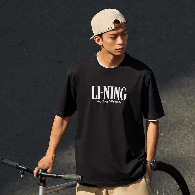 Li Ning Sports Lifestyle Series Logo Print Round Neck Short Sleeve Drop Shoulder T-Shirt Unisex T-Shirt Black AHSSF51-3