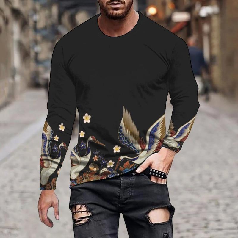 Crane Bird Pattern Beautiful Animals 3D Printed Men's T-shirts Autumn Casual Loose Round Neck Long Sleeves Tops