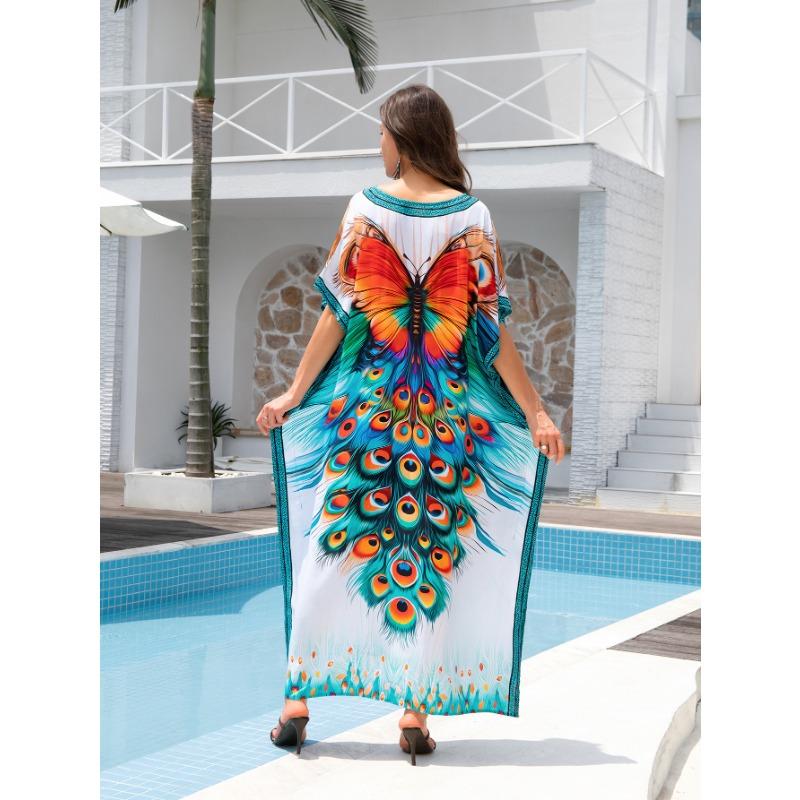 Женская мода лето весна перо принт рукава 1/2 V-образный вырез свободная талия повседневные платья