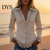 Western Cowgirl Shirt Women Tassel for Autumn, Button Down Slim Fit Fringe Blouse, Solid Color Casual Long Sleeve Top, Outfit Breathable Polyester