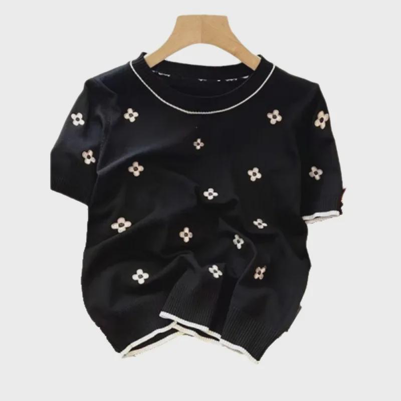 Футболка с коротким рукавом из корейского жаккардового трикотажа 2022 года — легкая, свободного кроя, с круглым вырезом, верх из ледяного шелка