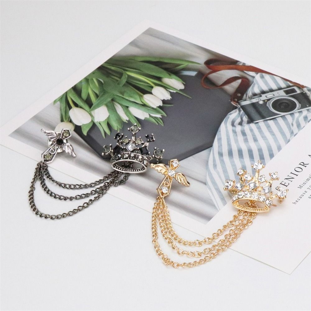 Rhinestone Crown Tassel Brooch Chain Suit Collar Pin Temperament Suit Lapel Pin Male Charm