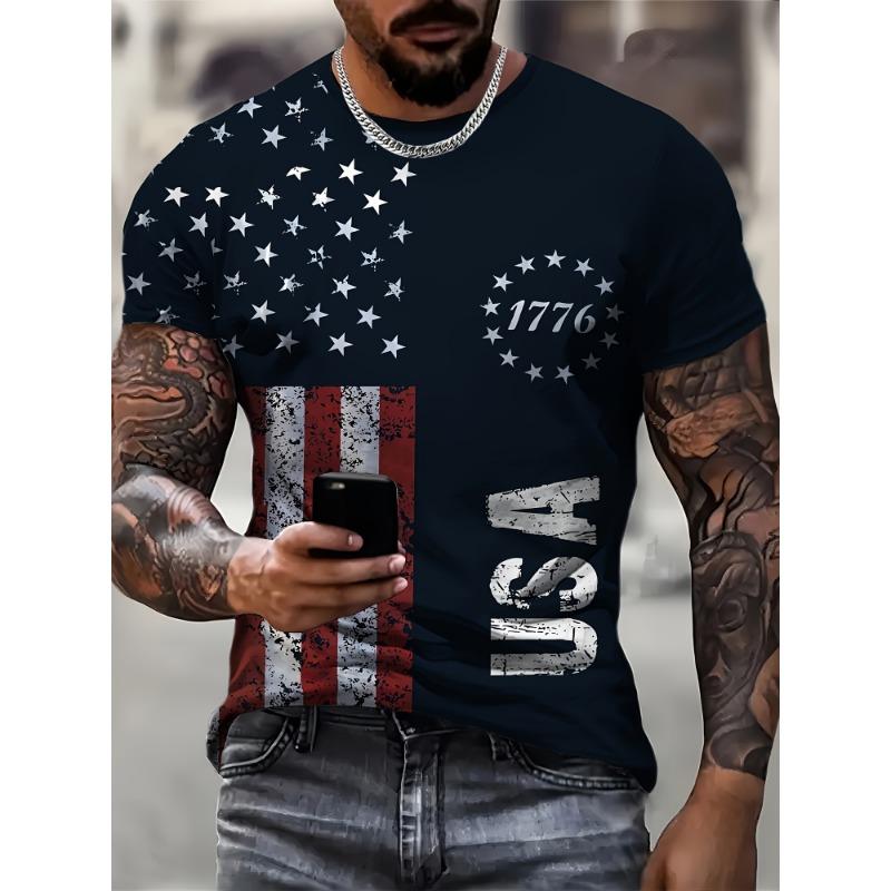 Винтажная футболка для мужчин с американским флагом, графические футболки 1776, футболки с принтом, футболки с коротким рукавом, мужская одежда больших размеров для активного отдыха, верхняя часть