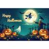 1pc Happy Halloween Party Backdrop with Moon Ghost Witch Scarecrow Pumpkin Bats Banner for Halloween Themed Party Decoration