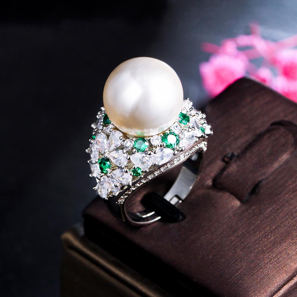 Ювелирные изделия CMM Регулируемый зеленый кубический цирконий большой искусственный жемчуг обручальные кольца для женщин CZ ювелирные изделия для свадебной вечеринки