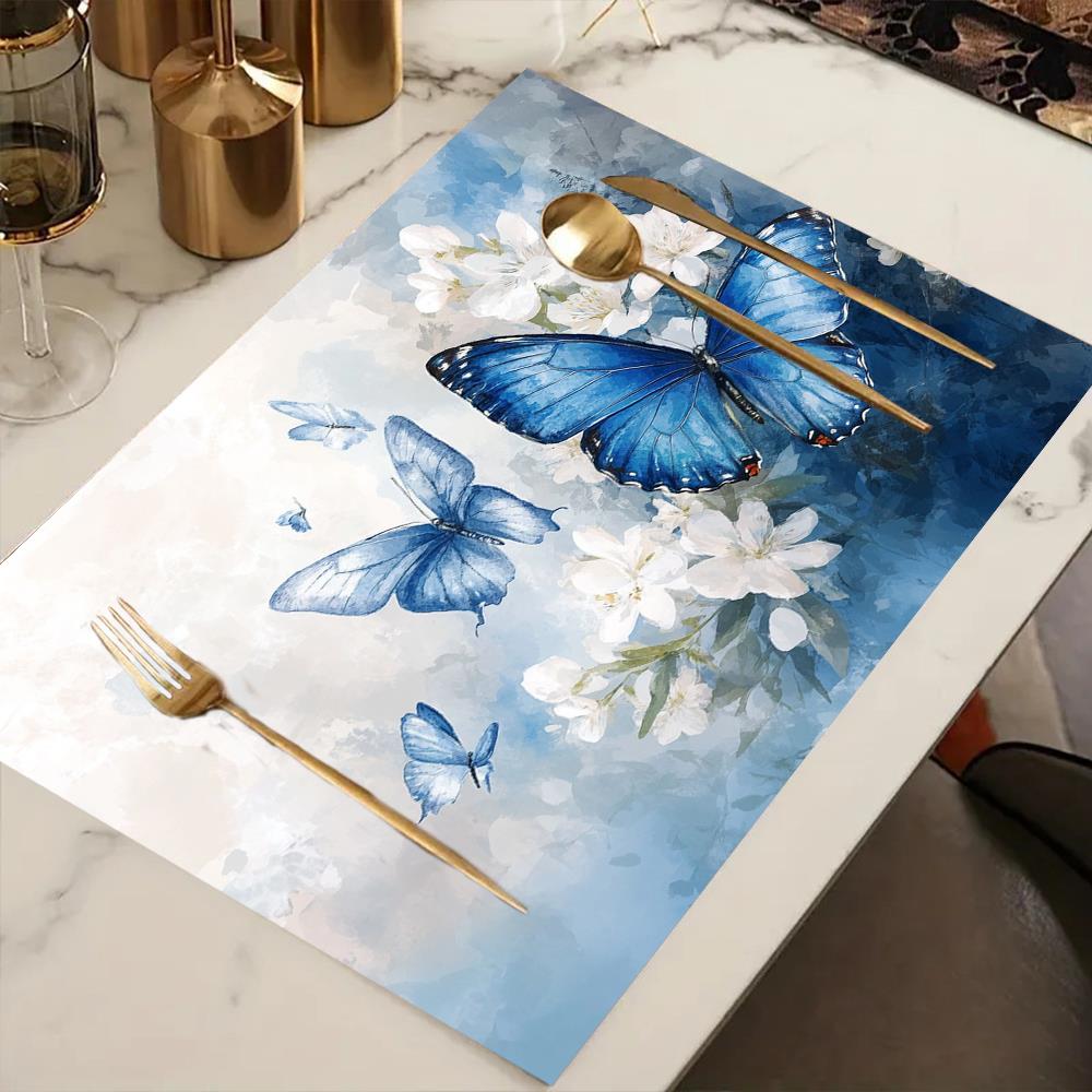 4pcs Blue Butterfly Floral Placemats 12x18 Inch - Elegant White & Blue Table Mats with Intricate Butterfly Design, Durable Polyester Fabric