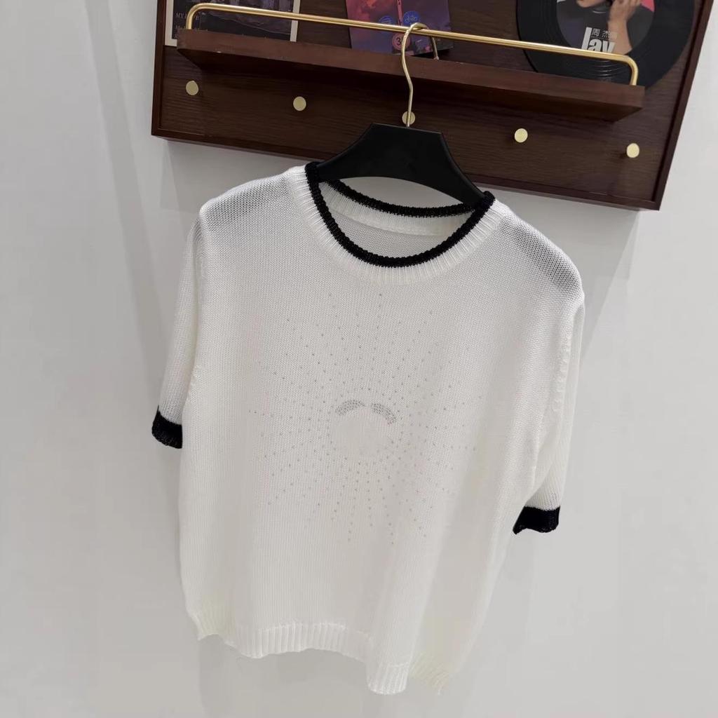 European Style Rhinestone Round Neck Knit Short Sleeve Casual Top - Summer 2026
