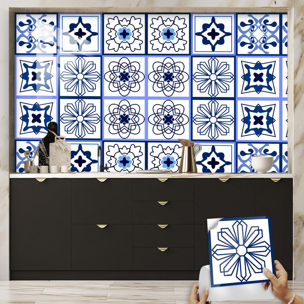 6 шт., самоклеящаяся настенная плитка с синими кристаллами и цветами, кухонные обои, фрески, водонепроницаемые наклейки для кухни, ванной комнаты