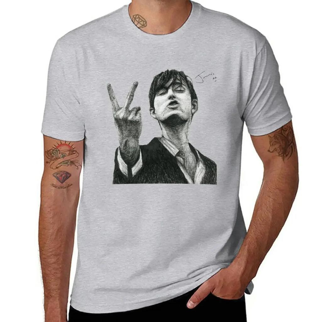 Jarvis Cocker Outline V Sign Sketch with Autograph and Background -Iconic Jarvis Moment T-Shirt plain t shirt men