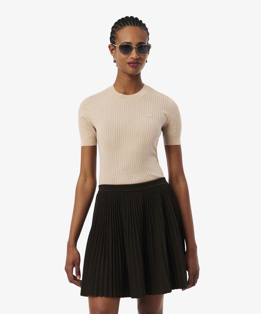 LACOSTE Women'S Fine Merino Wool Rib Knit Short Sleeve Sweater Af4146-56G X6F