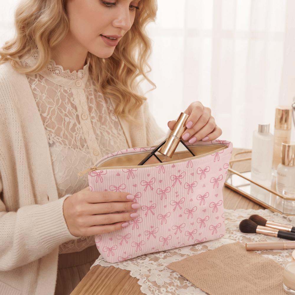 Pink Bow Corduroy Makeup Bag Cherry Corduroy Cosmetic Pouch Makeup Organizer Toiletrie Accessories