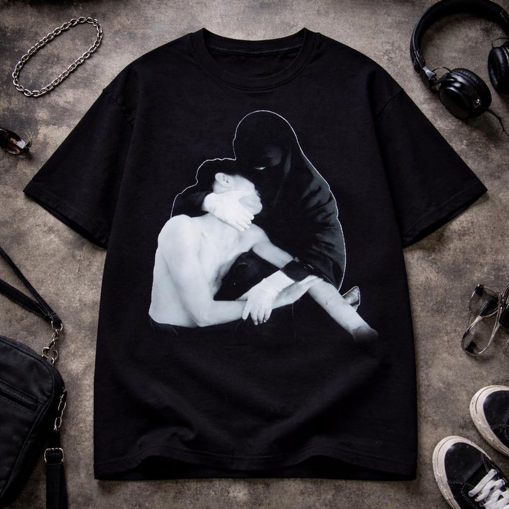 Crystal Castles Shadow Embrace T-Shirt III Album Cover | Monochrome Figurative Art, Moody Grunge