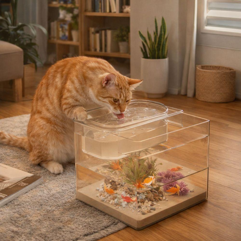 Creative Transparent Double-layer Fish Tank Cube Shatterproof Cat Water Bowl Plastic Goldfish Tanks Landscape Ecological