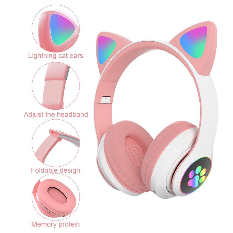 Вспышка-лампа, милые кошачьи уши, наушники Bluetooth5.0, стерео с микрофоном, поддержка TF-карты, беспроводные детские наушники для девочек, подарок на день рождения
