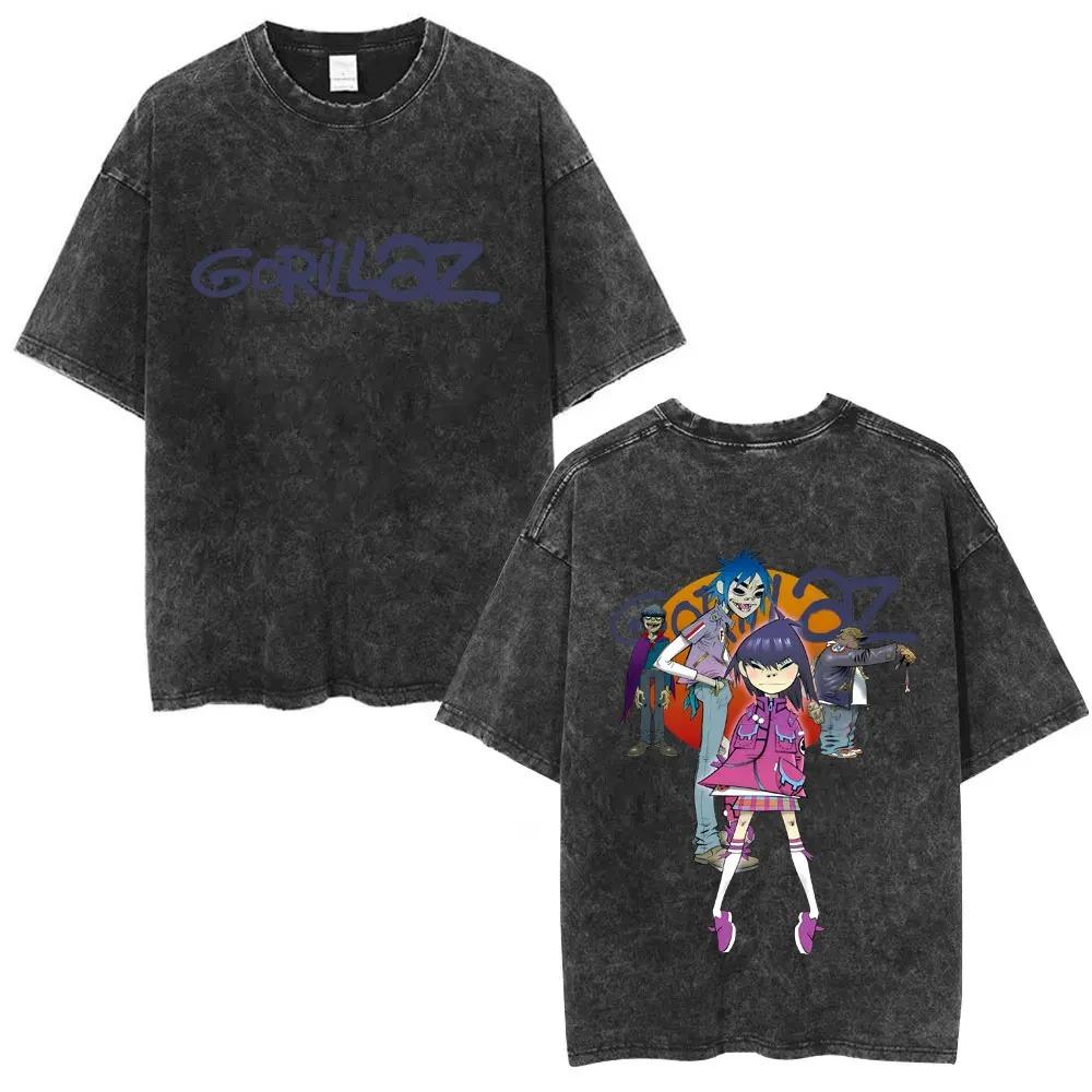 British Classic Virtual Band Gorillaz Poster Tshirt Men Women Streetwear Hip Hop Vintage Washed Cotton Top Oversized Summer Tee