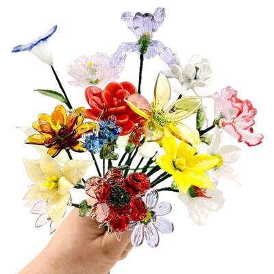 Стеклянный цветок ручной работы с проволочным стеблем Выдувной цветной глазурью Миниатюрная цветочная фигурка Декорация для дома Гостиная Офисный стол Ваза для цветов Украшение