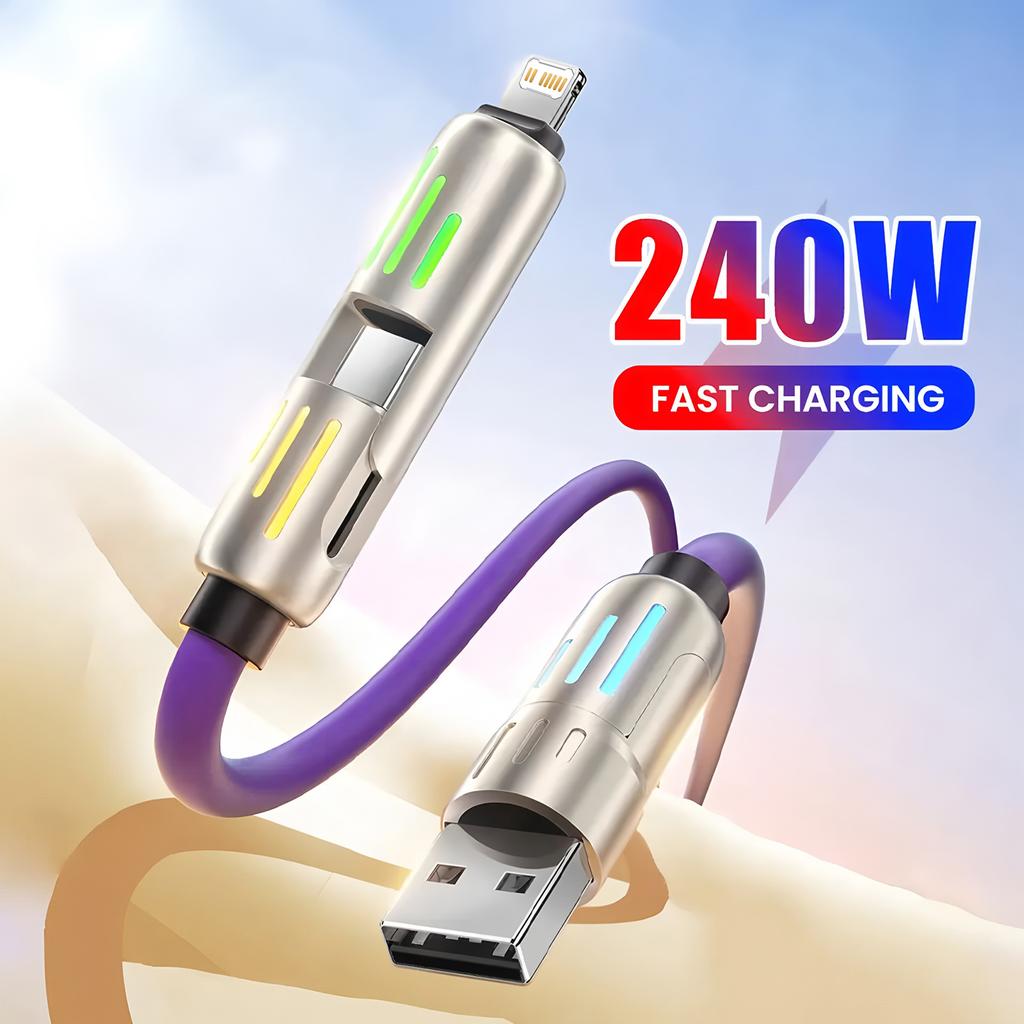 4-в-1 240 Вт USB Type C Силиконовый Кабель Быстрой Зарядки, Для iPhone Huawei Samsung Xiaomi Прочный Кабель Type-C на USB A