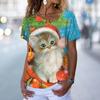 Fashion Cat T-Shirt Women's V Neck Tees Top Vintage Red Christmas Clothes Summer Chic Oversized Femele Clothing 2023 New Tee