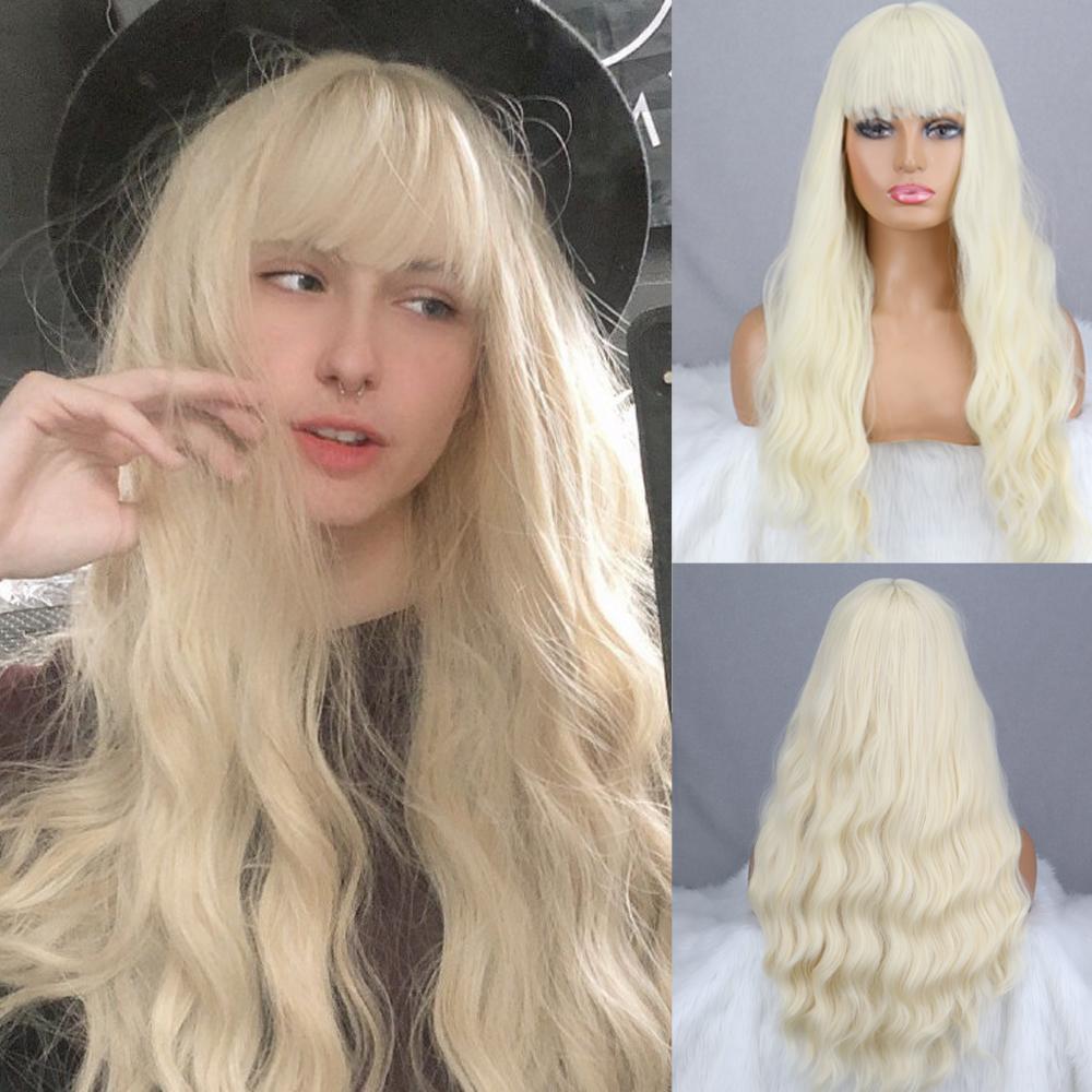 MISS WIG Grey Wig Long Wavy Wig with Bangs Synthetic Fiber Long Water Wave Wig for Women Daily Wear