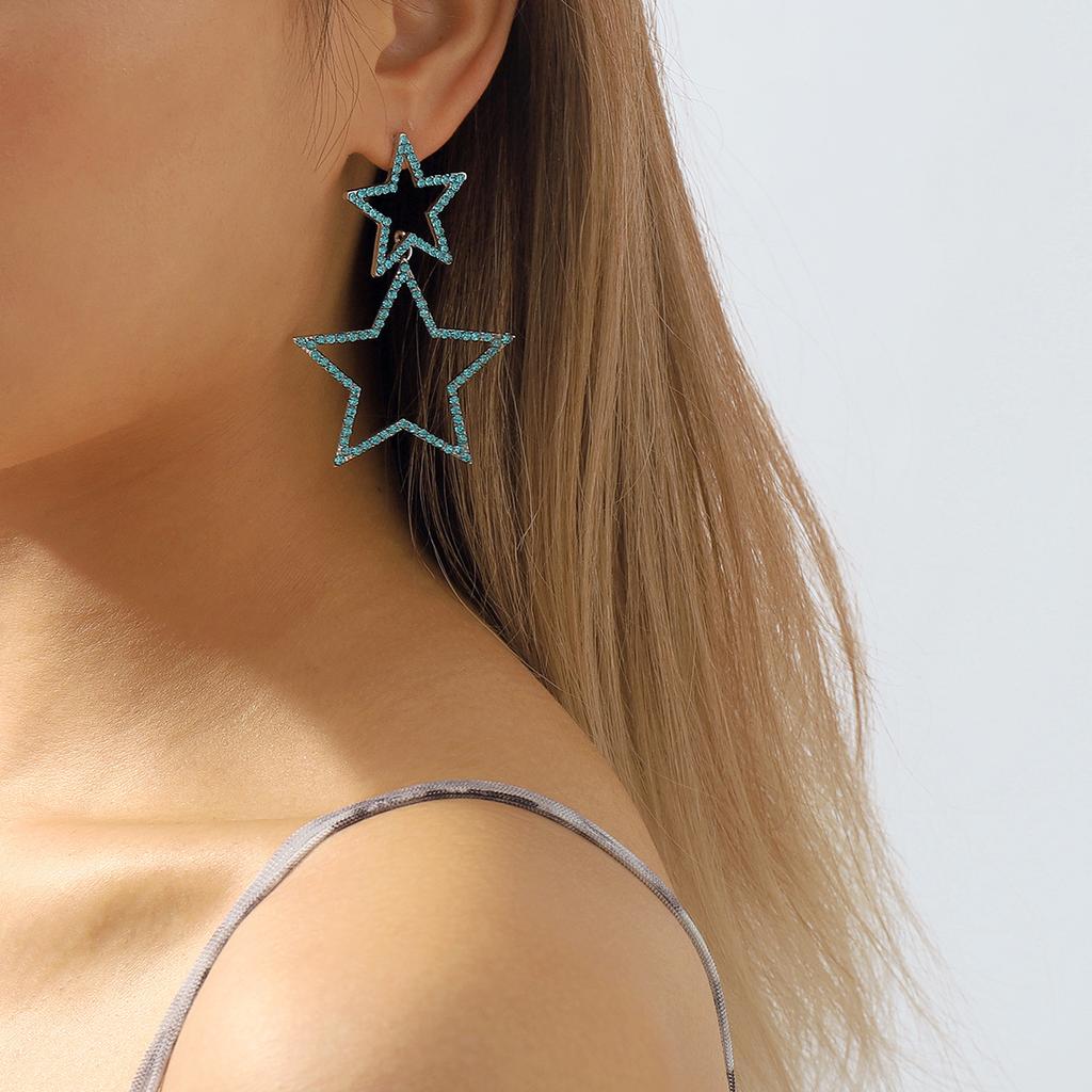 Trendy Double Layer Pentagram Rhinestone Earrings Sexy Korean Style Fashion Personality Elegant Dangle Earrings For Women