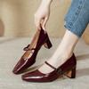 Square Head High Heels Thick Heels Are Not Tired Feet New Spring and Autumn Burgundy Light Mouth Single Shoes Splicing Word with Mary Jane Shoes