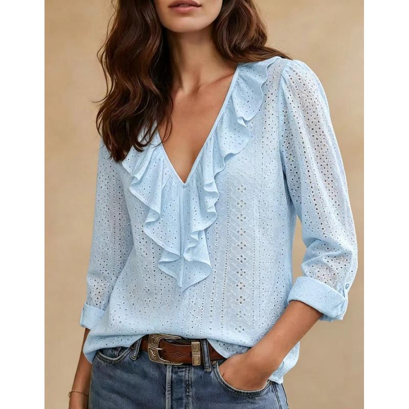 Европейская и американская женская одежда, новый топ с длинным рукавом, V-образным вырезом, оборками, однотонный, элегантный, приталенный, универсальный