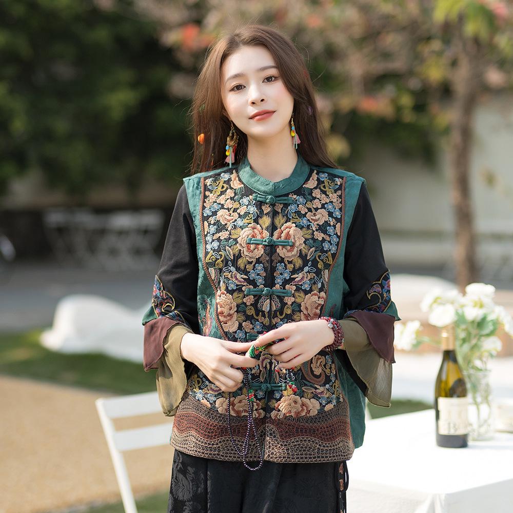 Китайский ретро вышитый жилет на лямках с лягушачьими пуговицами - Кардиган куртка высокого класса