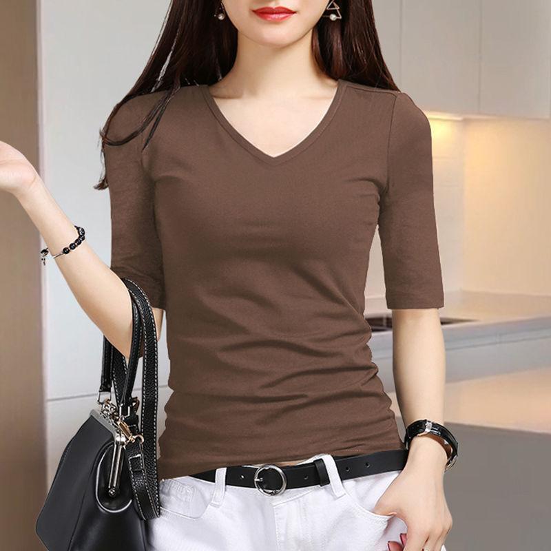 T Shirt For Women V Neck Short Sleeve Polyester Slim Fit Casual Summer Top