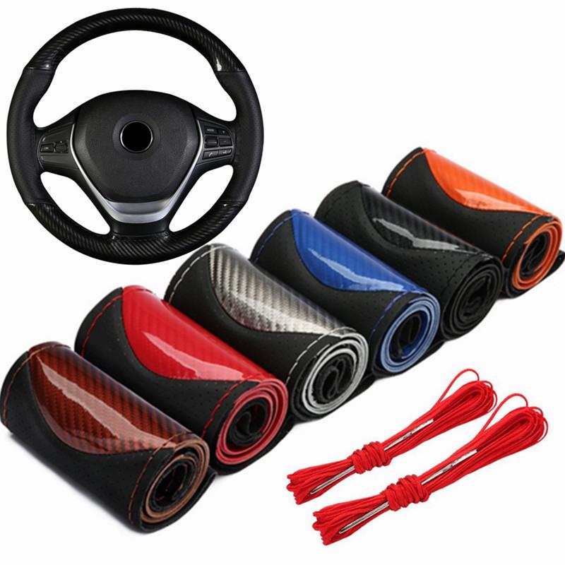 Crystal Carbon Fiber Fashion Sports Hand-stitched Steering Wheel Cover Car Wheel Cover Non-slip Leather Braid For Steering