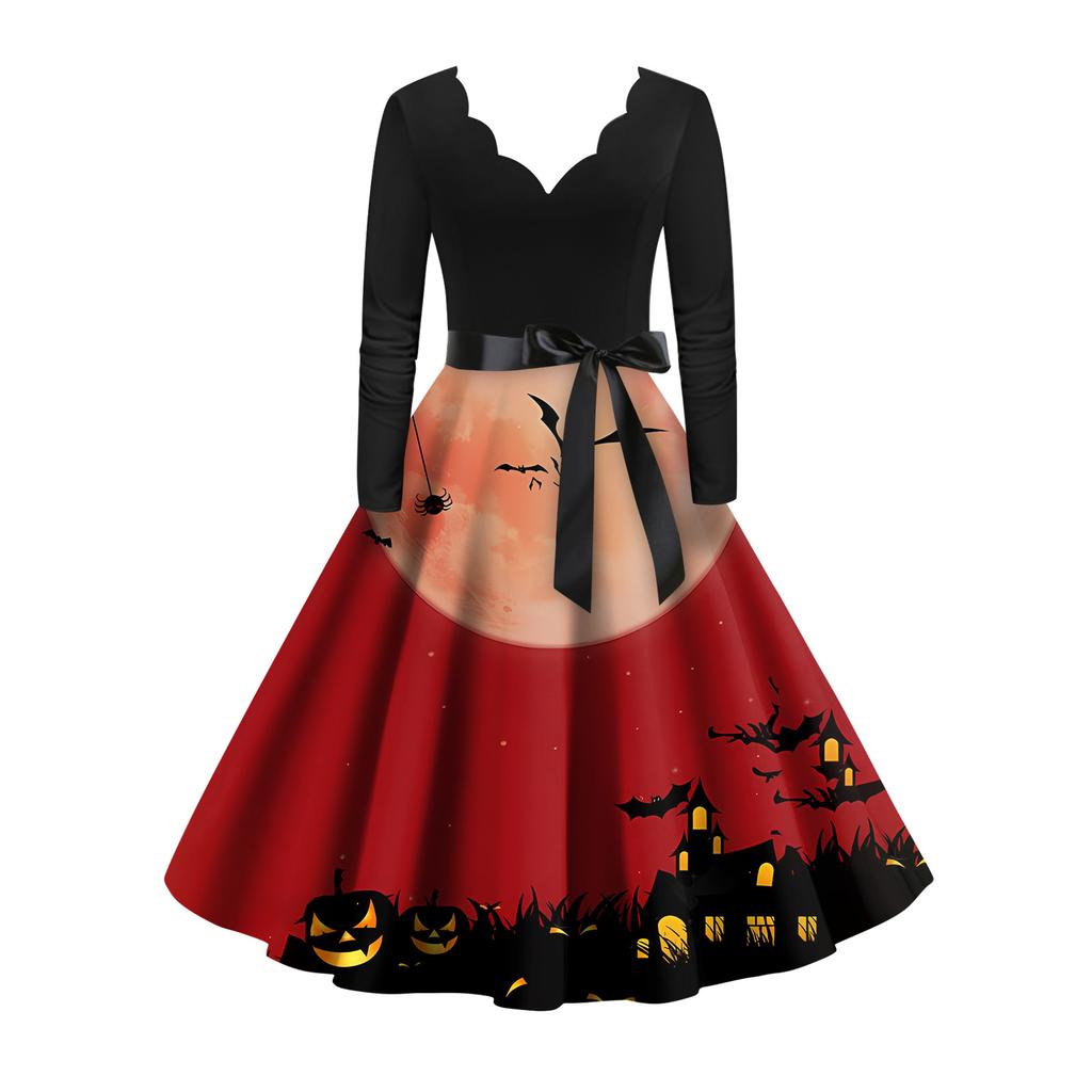 Женское винтажное классическое платье с вырезом на талии и галстуком-бабочкой с длинными рукавами на Хэллоуин с принтом и V-образным вырезом, свободное платье