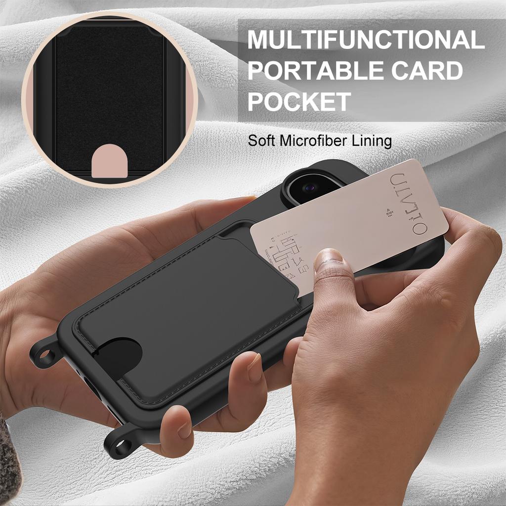 For Google Pixel 10 Pro XL Liquid Silicone Case Phone Back Cover with Card Holder and Short Strap