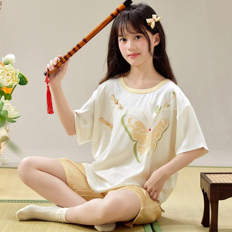 Girls Ice Silk Pajama Set Lightweight 3-Piece Chinese Style Sleepwear Kids Ages 8
