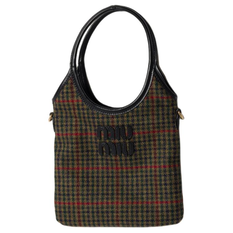 Miu Miu Ivy Adjustable Detachable Shoulder Strap Logo Plaid Fabric Shoulder Crossbody Tote Bag Women handbags Dark-Green Black 5BA281_2DU5_F0466_V_OLN