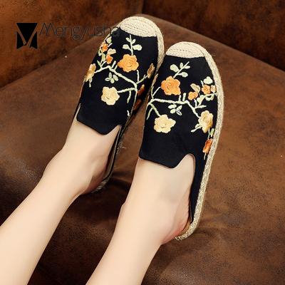 Модные вышитые цветы этнические пеньковые вязаные мюли женские тапочки с закрытым носком эспадрильи шлепанцы плетеные сливовые цветки пляжная обувь