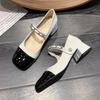 Fashion Shallow Mouth Round Toe Retro Woman Shoes  New Block Heels Mary Jane Shoes Classic Black White Color Matching Women's Pumps