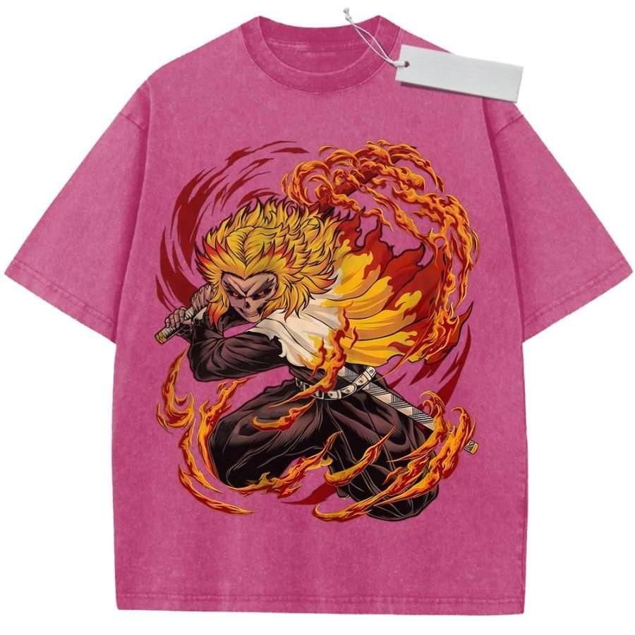 Unisex Washed Black Vintage Tshirt Demon Slayer Rengoku Flame Highquality Fabric for Home Leisure Travel Shopping