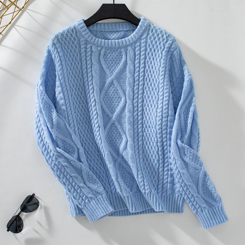 Autumn Winter Vintage Loose Long Sleeve Top Solid Color Cardigan Knitwear O-Neck Sweater
