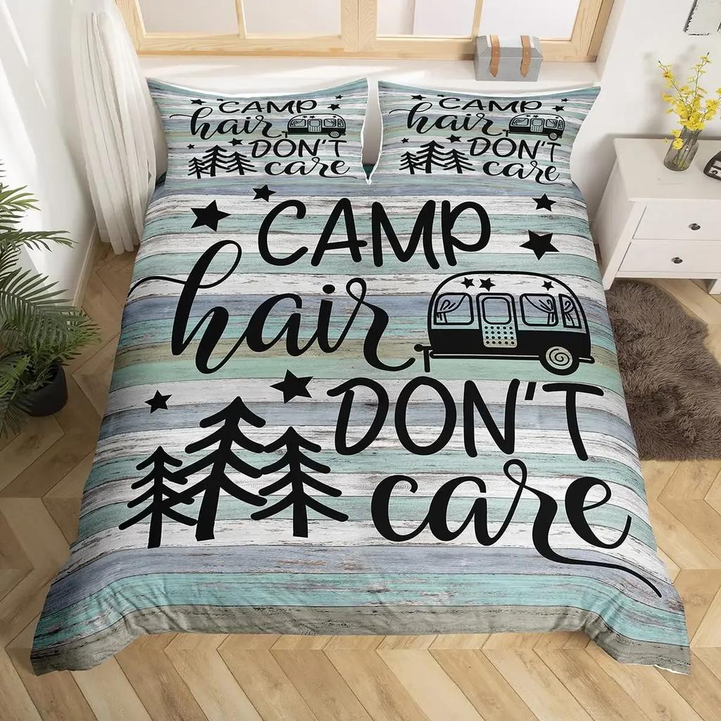 Rustic Farmhouse Style Duvet Cover Set 2/3 Pcs Old Barn Door Comforter Cover Happy Camper Print Black Sketch Drawing Quilt Cover