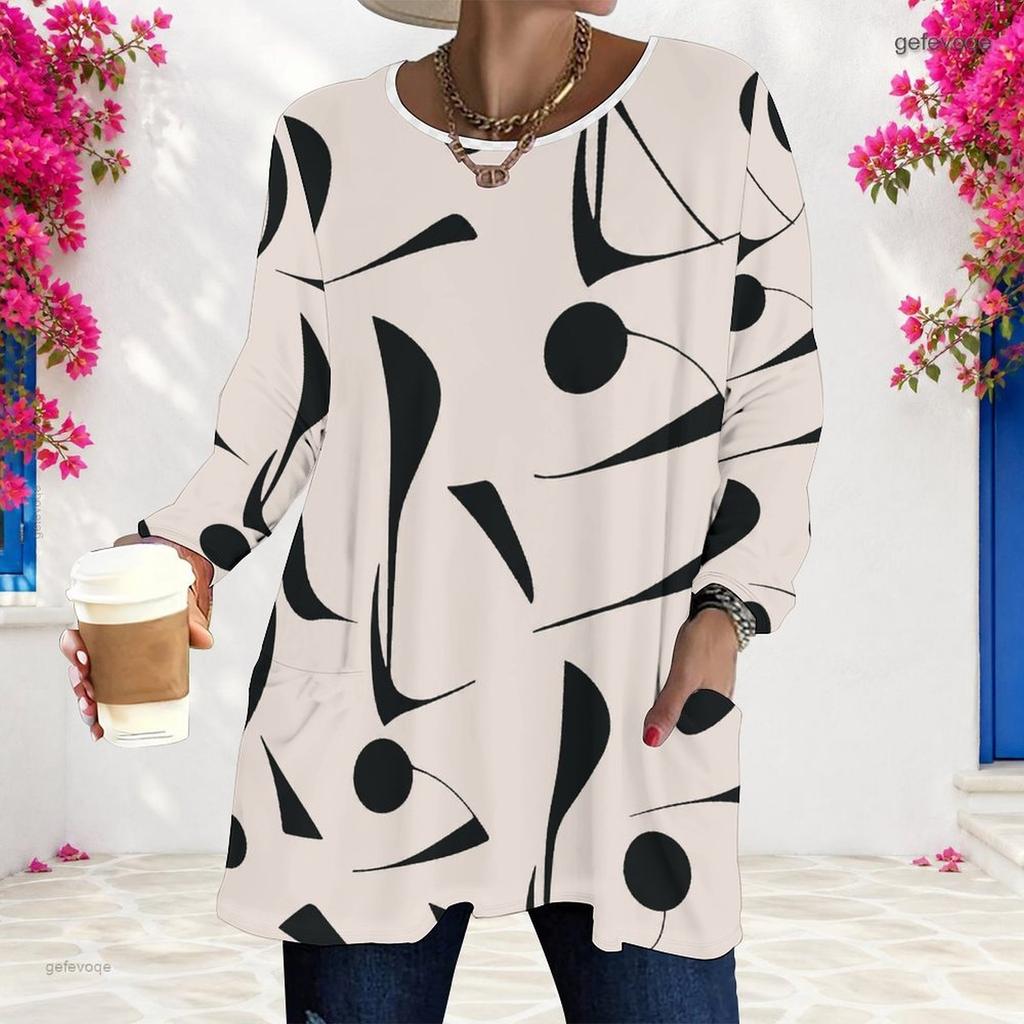 Women Plus Size Colorful Printed Round Neck Long Sleeve Loose Longline T Shirt With Pockets