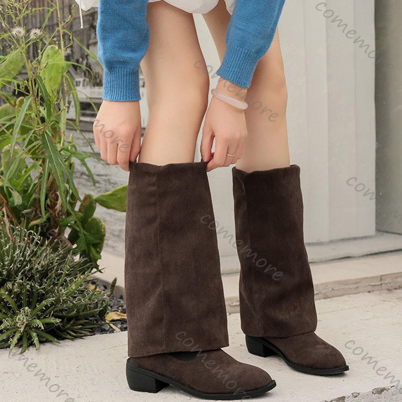 Fashion Comemore Women Fashion Mid-calf Boots Elegant Suede Solid Color Comfortable Shoes for Women Thick Heeled Female Knight Long Boot