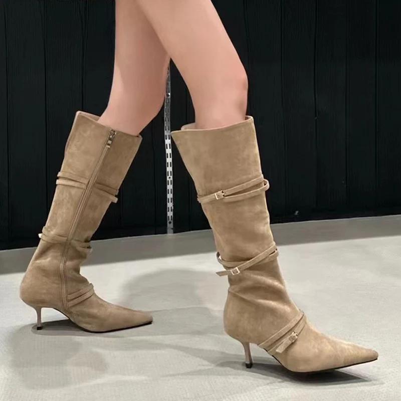 High Heels Suede Women High Boots Pointed Toe Sexy Shoes Knee High Fashion Chelsea Boots 2024 Trend Winter Pumps Botas De Mujer