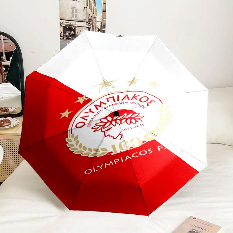 Olympiacos Fc Crest Emblem Automatic Folding Umbrella - 8-Rib Travel Umbrella with Auto Portable Case, Ideal Gift for Birthdays