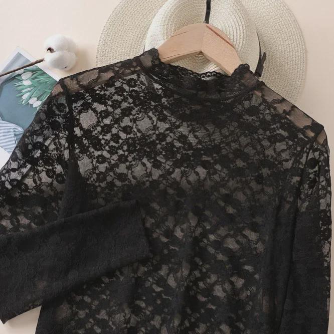 2024 Тонкий корейский кружевной сетчатый пуловер - полувысокий воротник, телесный цвет