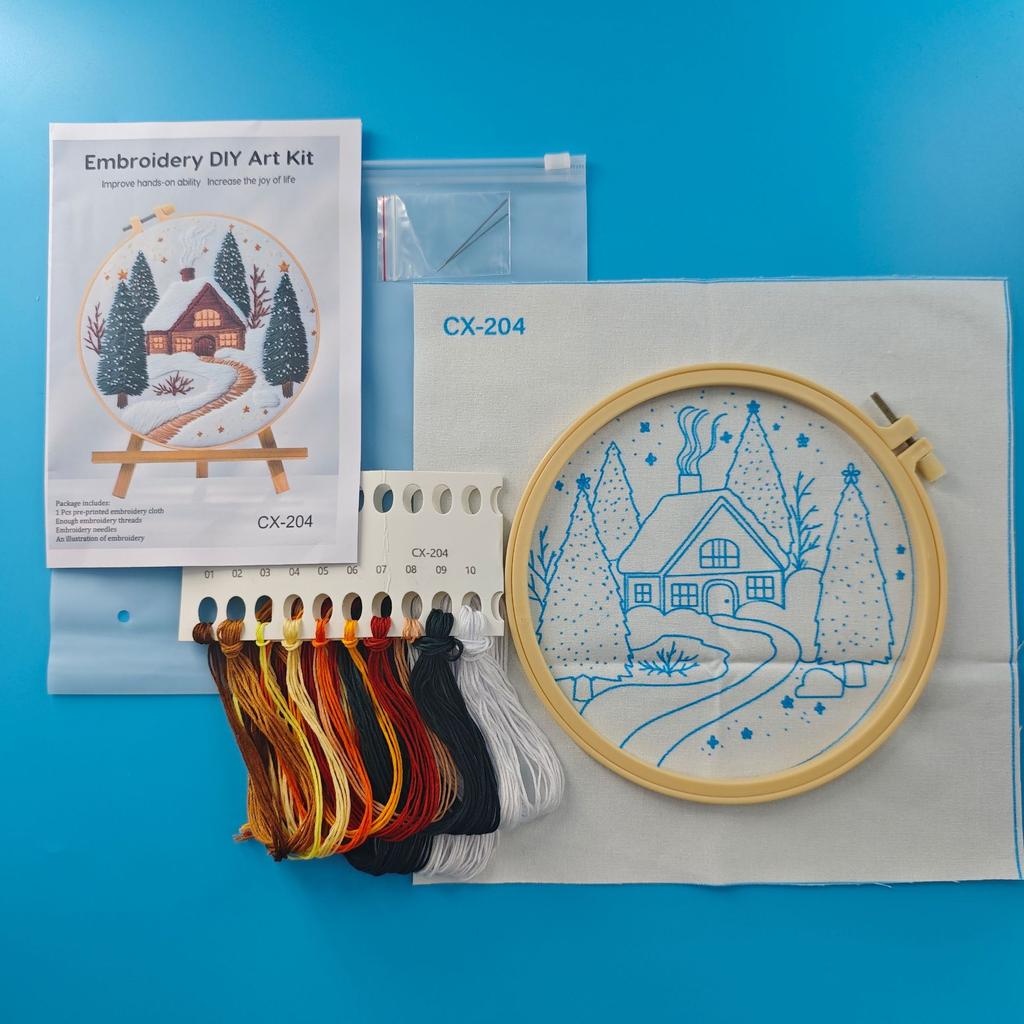 1set Christmas Cozy Cottage Kit DIY Embroidery Materials and Tools Suitable for Beginners, Stitching Tutorial, Hand Embroidery Fabric Material Set