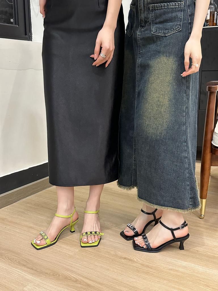 Fashion Open Toe Women Sandals Belt Buckle Rivet Design Summer Dress Shoes Thin Mid Heels Black Green Silver Sexy Ankle Strap Pumps 39