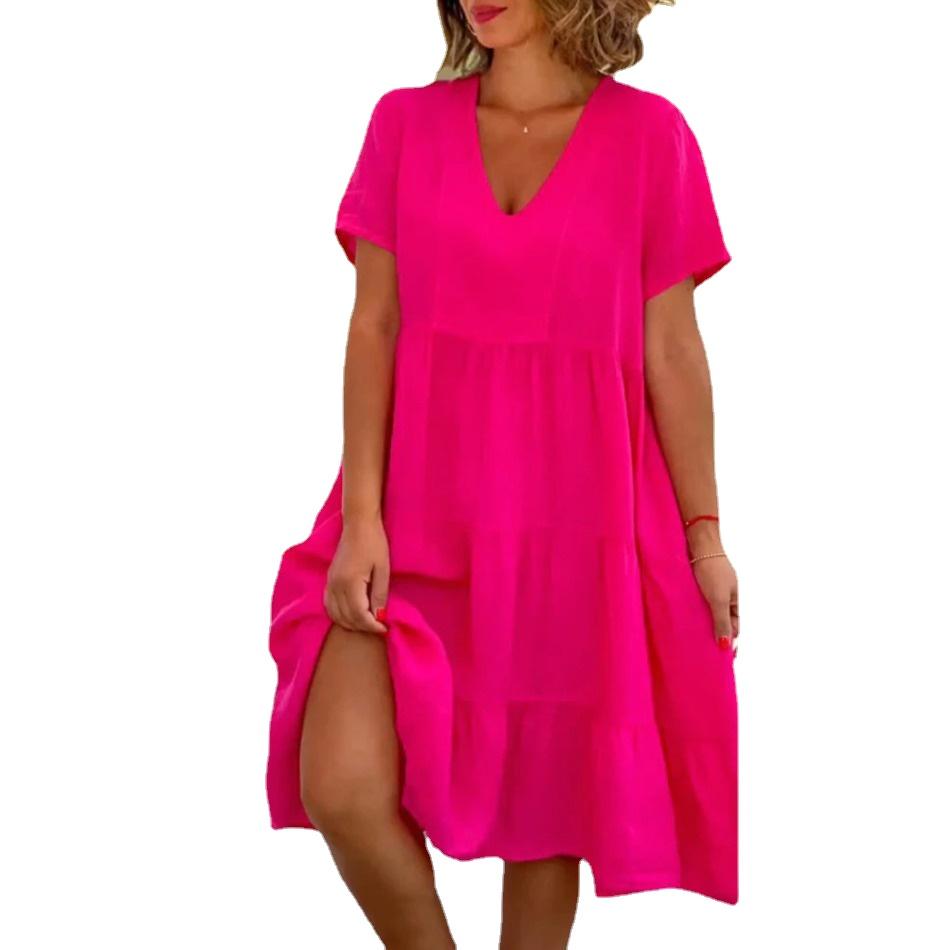 GMXIA Женская мода, лето, весна, свежие и милые однотонные принты, с коротким рукавом, v-образным вырезом, большие свободные повседневные платья