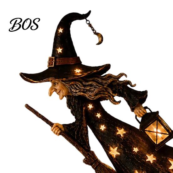 Handcrafted Holiday Table Centerpiece Halloween Witch Figurine with Star Light, Resin Tabletop Nightlight Lantern, Seasonal Home Entrance Decor Wizard