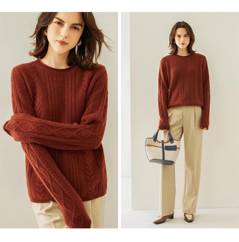 Women's Retro Cable Knit Cashmere Sweater, Round Neck with Rolled Hem, Thick Loose Fit, Cozy Inner/Base Layer.
