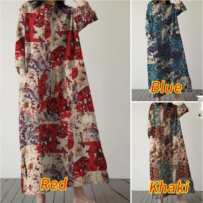 Хлопково-льняное женское платье-пуловер большого размера с ретро-принтом 2023