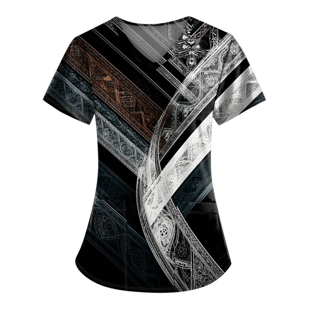 Plus Size Printed Scrub Working Uniform Tops For Women's V-Neck Print Short Sleeve Fun T-Shirts Workwear Tee With Pockets